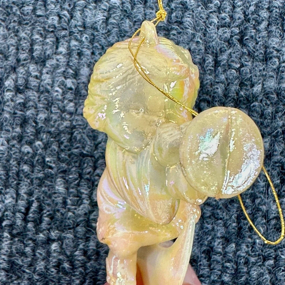 Cherub Angel Ornament Blowing Trumpet Sitting on Crescent Moon Iridescent‎